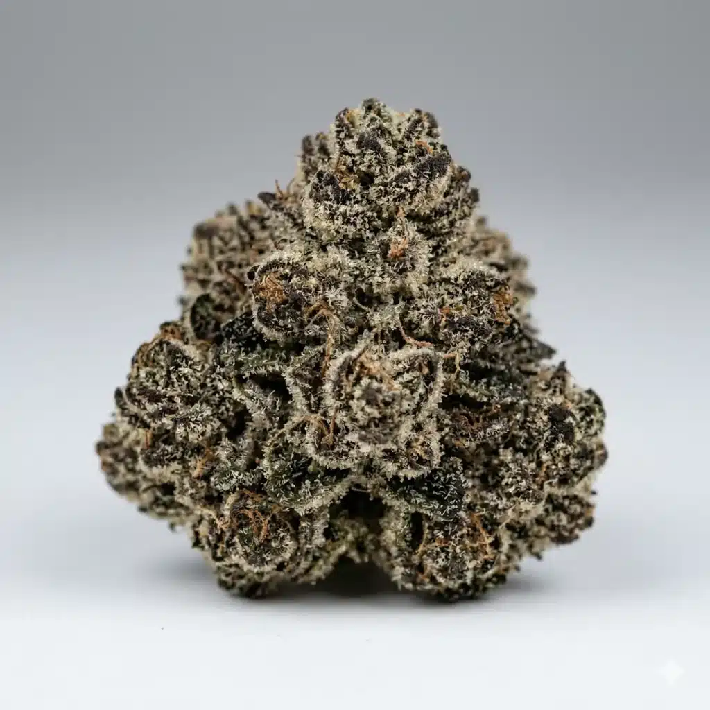 Macro photograph of a bright green cannabis bud with golden-yellow tones and light white trichome coverage
