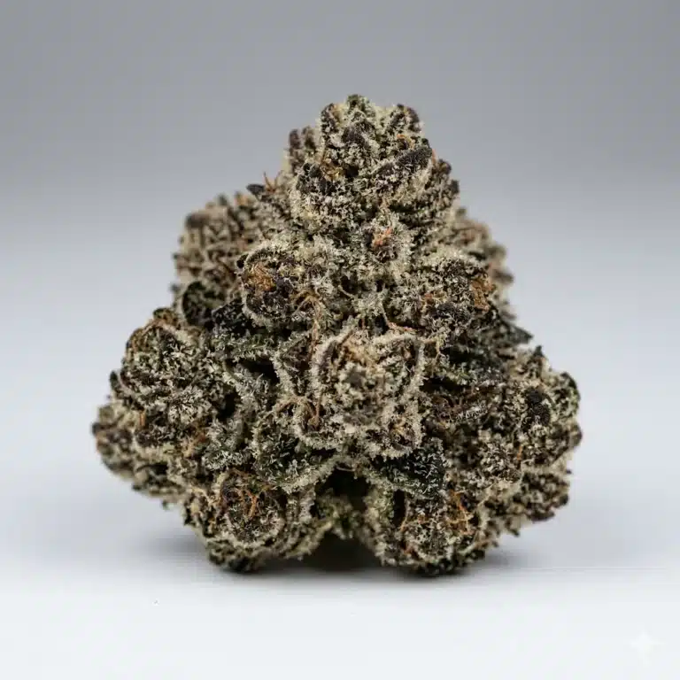 Macro photograph of a bright green cannabis bud with golden-yellow tones and light white trichome coverage