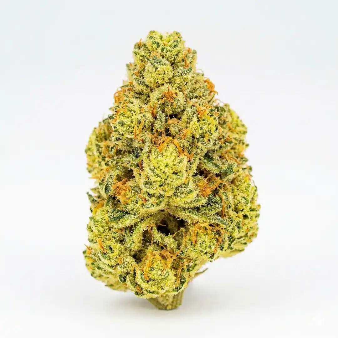 Macro photograph of a bright green cannabis bud with golden-yellow tones and moderate white trichome coverage