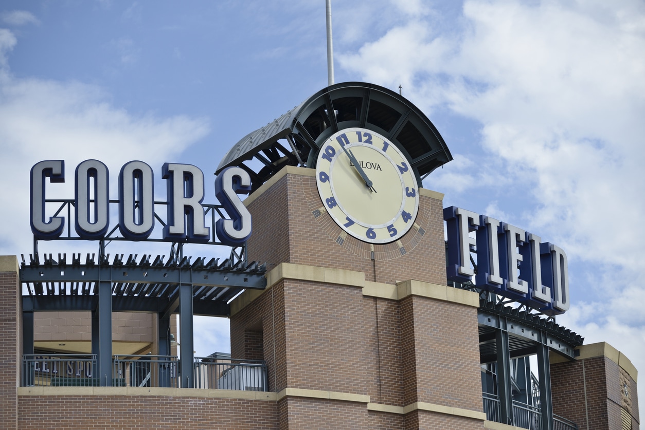 Denver, Colorado, USA - August 11, 2013: Streetside view of Coors Field, home to the MLB Colorado Rockies and named after the brewing company fron Golden, Colorado.